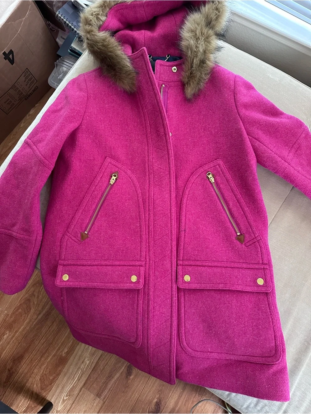 J. Crew Hot Pink Wool-Blend Pea Coat with Gold Chain Accent